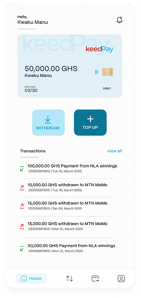 PayKeed home screen showing account balance and transactions